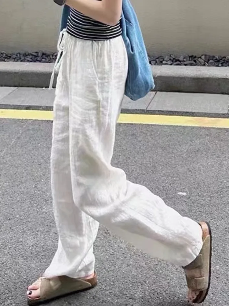 Pantaloni a gamba dritta in cotone e lino dalla vestibilità ampia Pantaloni casual estivi da donna di grandi dimensioni fino al pavimento con cintura in vita