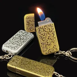 Nostalgic Portable Mini Retro Bronze Gas Lighter Metal Keychain Wheel Butane Lighter High-end Cigarette Accessories Men's Gift