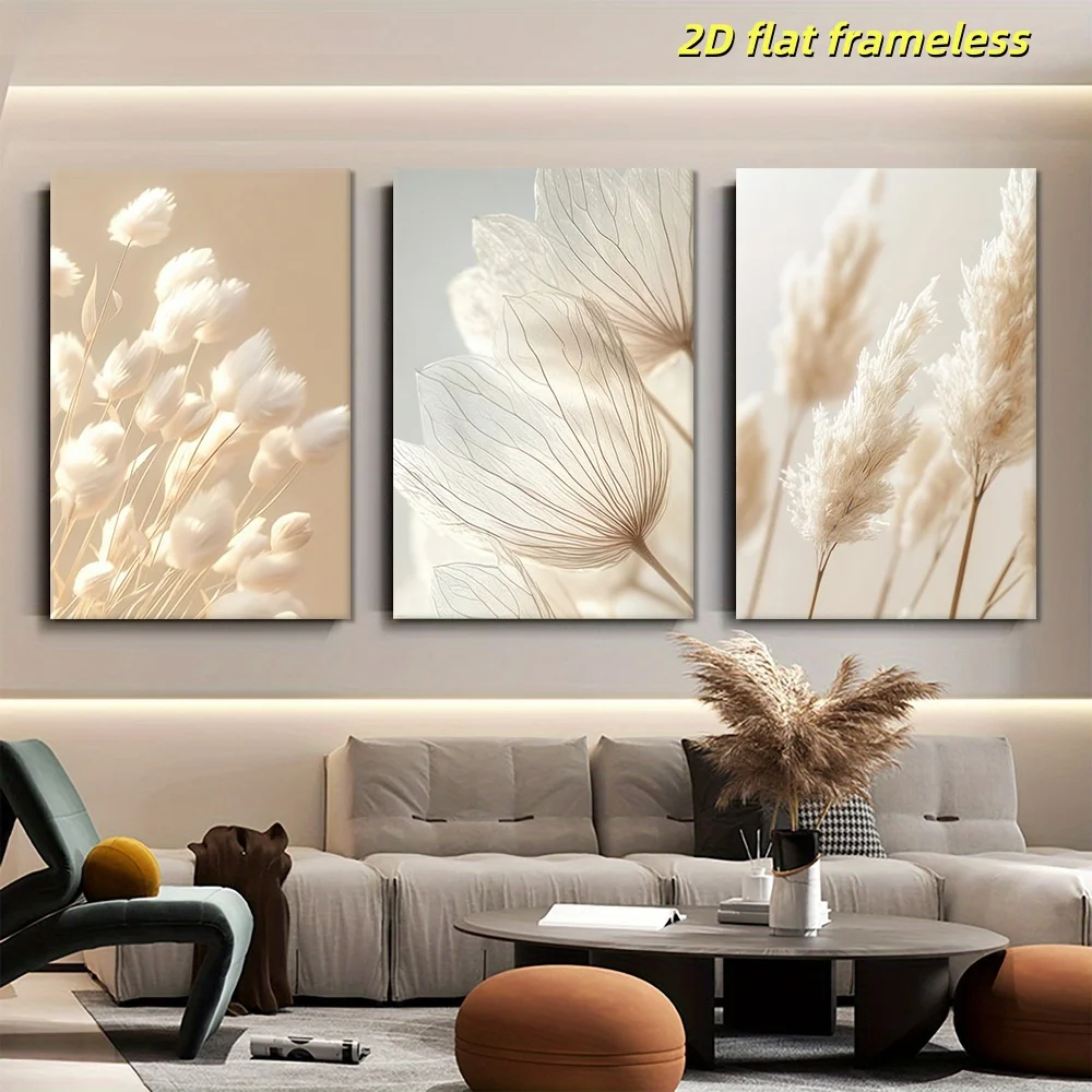 3-piece set of warm and simple white fluffy floral canvas painting Nordic style home living room bedroom wall decoration framele
