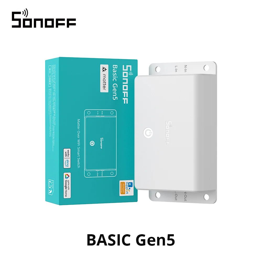 SONOFF Basic-1GS Gen5 Matter Wi-Fi Smart Switch, vereist neutrale draad, DIY-module voor slimme huisautomatisering, compatibel met Apple Home, Alexa en Google Home, geen hub nodig, wit, 4-pack