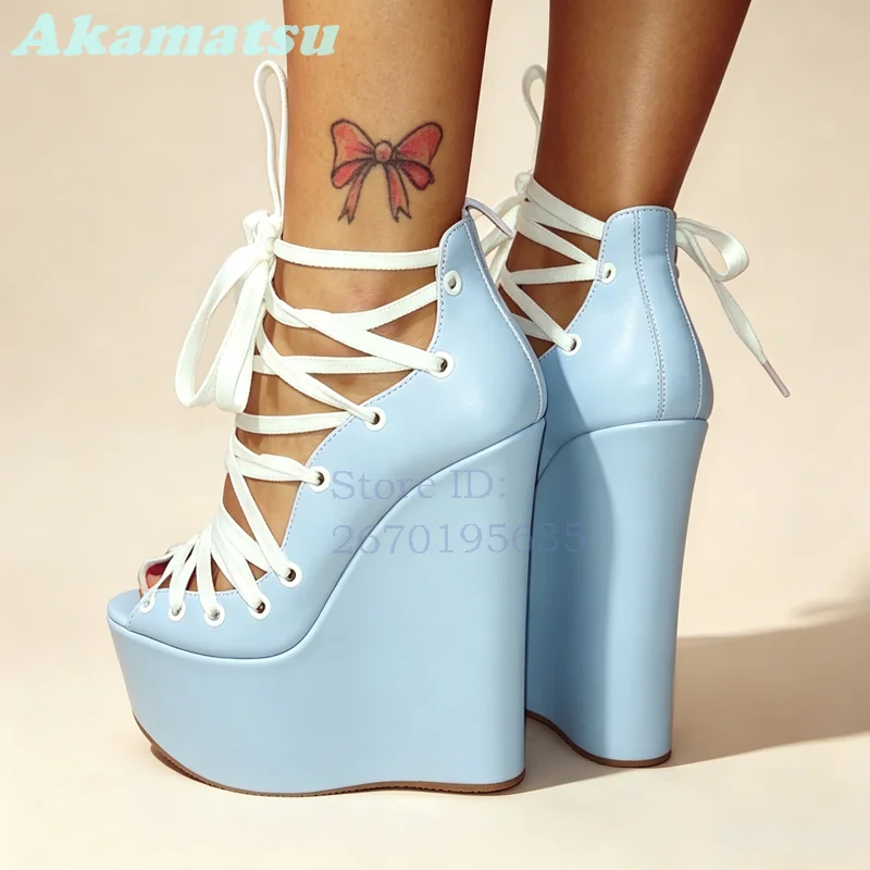 Sweet Peep Toe Cross Straps Wedges Sandals Pink Lace Up Back Zipper Platform High Heels 2026 Summer New Fashion Women Shoes