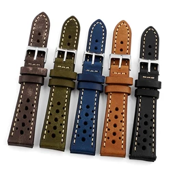 Handmade Retro Cowhide Strap Ventilated Design Watchband 18mm 19mm 20mm 21mm 22mm Green Brown Black Coffee Blue Men's Bracelet