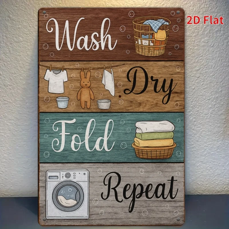 Vintage Laundry Guide Metal Sign 7.87x11.81 – Wash Dry Fold Repeat Rustic Wall Decor for Home Bar Office Room, Flat 2D Print, Si