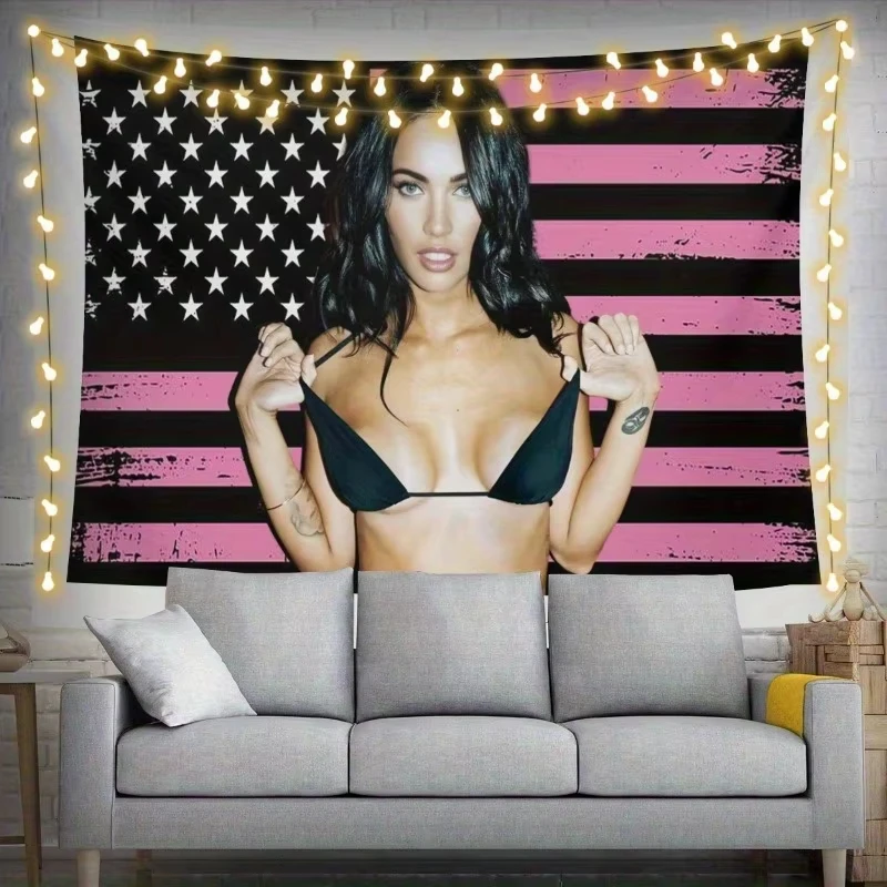 1PC Megan Fox American Flag Wall Hanging | Pink Star Stripe Design | Premium Fabric Vertical Portrait Home Decor (Flat Print)