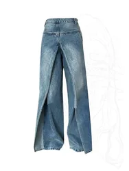 New Denim Blue Wide Leg Pants High Waist Fashion Blue Full Length Jeans 2000s Aesthetic Casual Trousers Split Hem Retro Trend