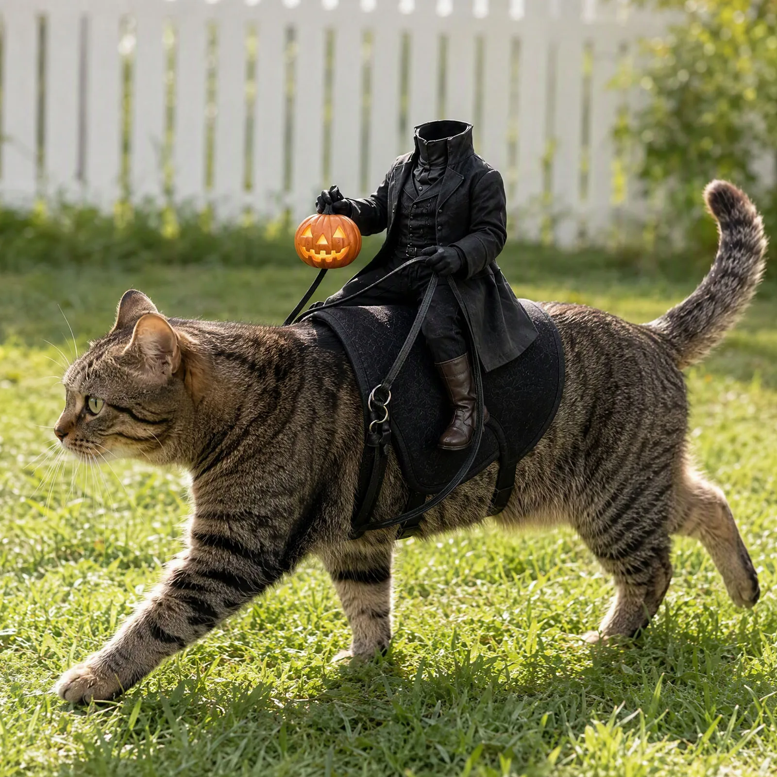 Headless Horseman Halloween Pet Outfit Funny Cat Riding Horse 3D Visual Effect Costume Party