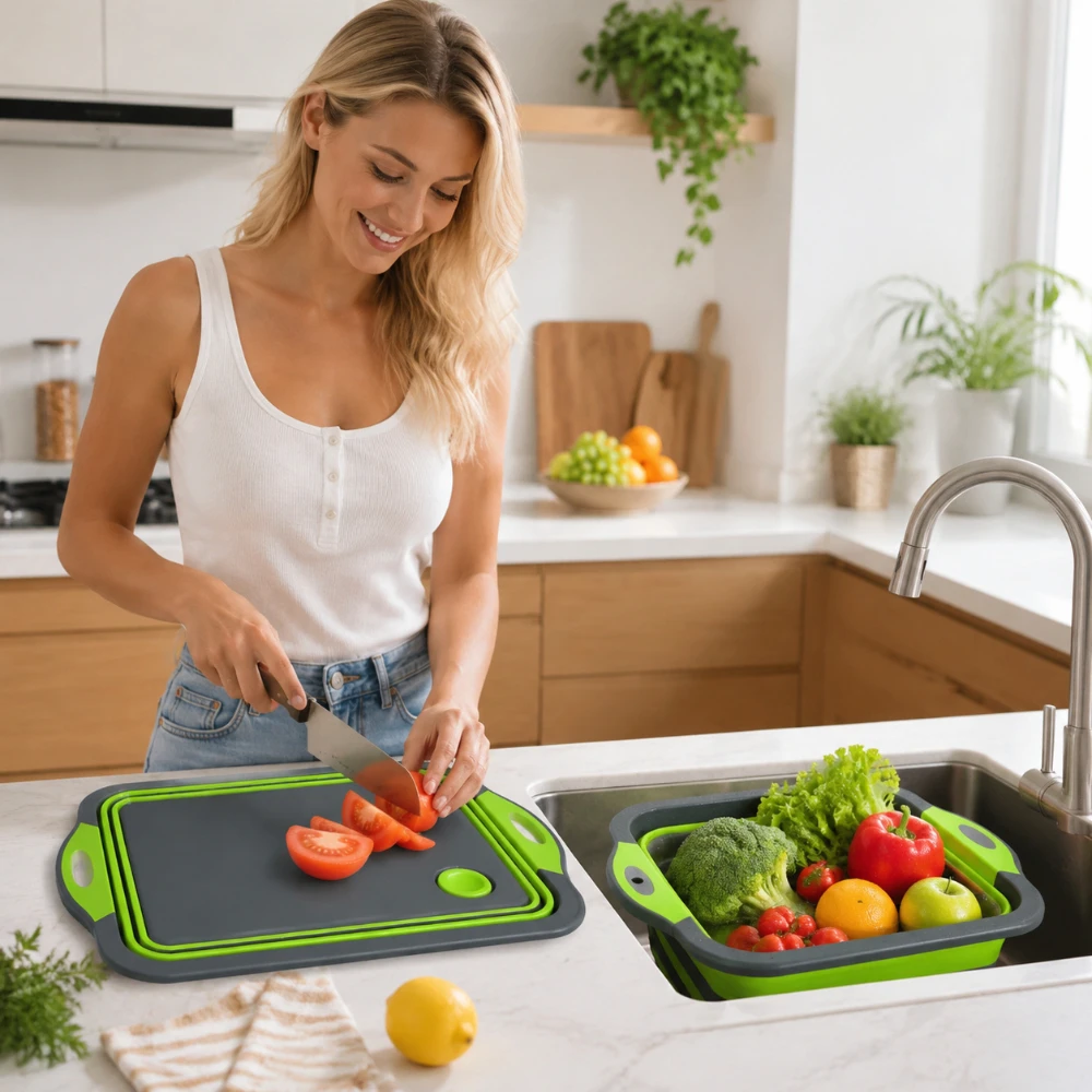 3-IN-1 Collapsible Cutting Board Multifunctional Kitchen Sink Tub Basin with Drain Chopping Board & Washing up Bowl Space-Saving