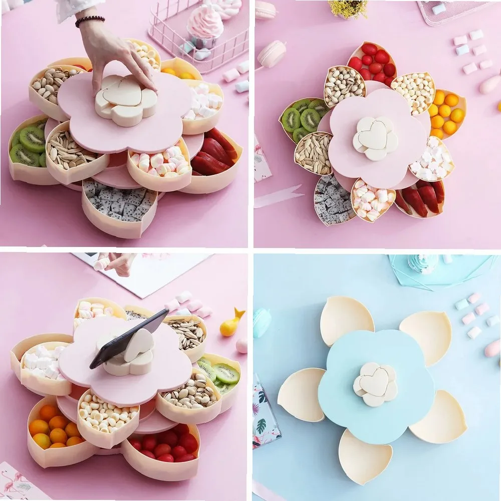 Petal Shape Rotating Candy Box, Snack Nut Storage, Flower Fruit Plate, Two-Tier Dried Fruit Organizer for Kitchen Counter