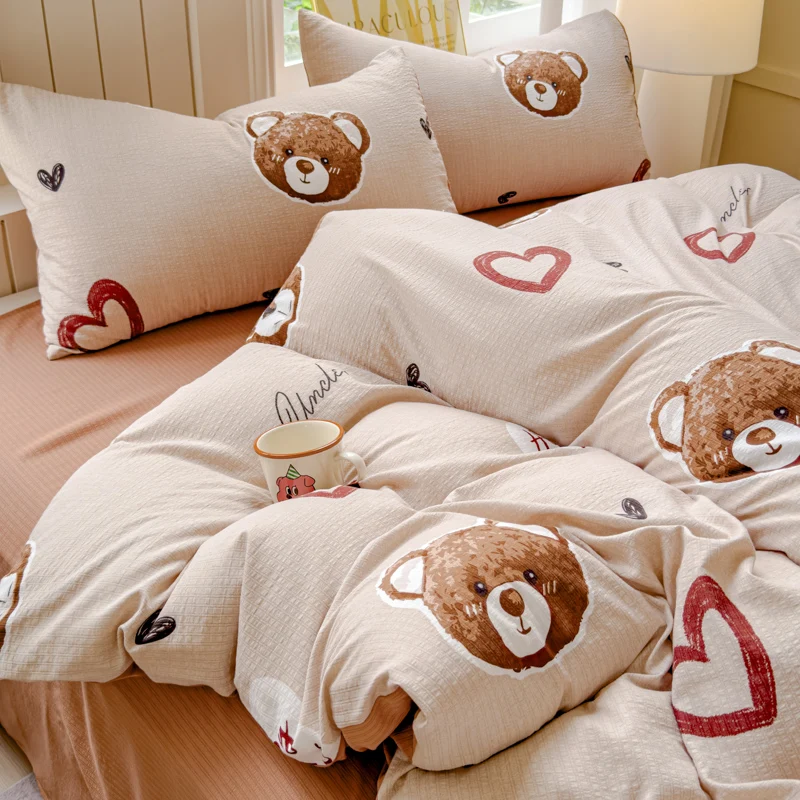 Simpatico orsetto copripiumino Set biancheria da letto Seersucker per bambini ragazzi ragazze adolescenti Cartoon Brown Bears Pattern Cute Animal