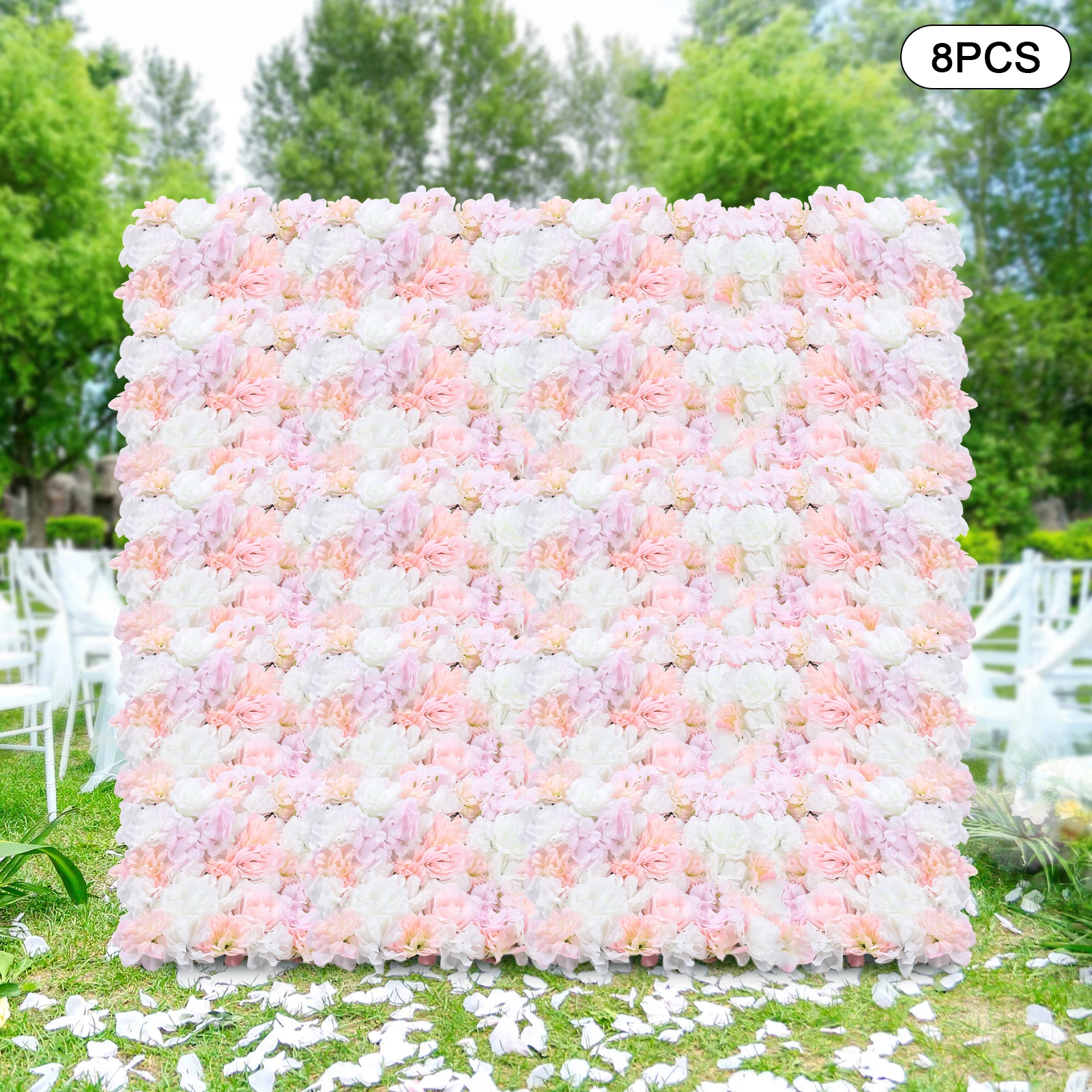 8 PCS Artificial Flower Wall Panels Indoor Outdoor Background Faux Silk Flower Decoration Wall Mat for Party Wedding Show W/Grid