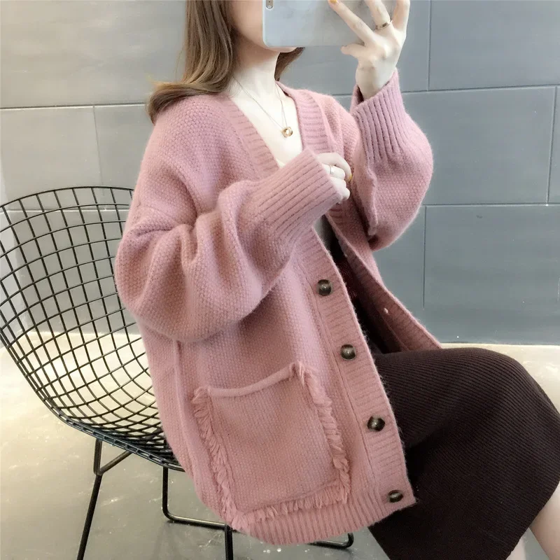 Lazy Style Women's Sweater Coat Spring Autumn 2024 New Women's V-Neck Knitted Cardigan Top Solid Color