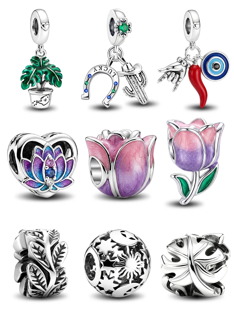925 Sterling Silber Kaktus Tulpe Schildkrötenrücken Blatt Pflanzen-Serie Charm-Anhänger für Armbänder DIY Hochwertiger Damenschmuck