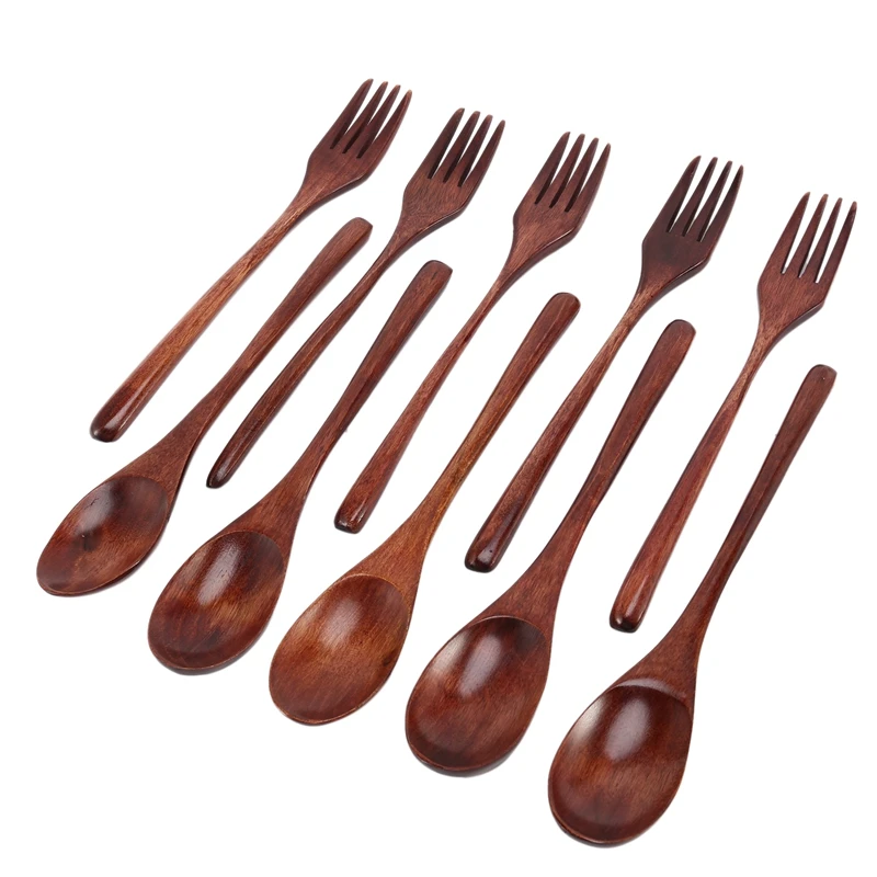 10 Pcs Wooden Spoons Forks Set Wooden Utensil Set Reusable Natural Wood Flatware Set For Cooking Stirring Eating