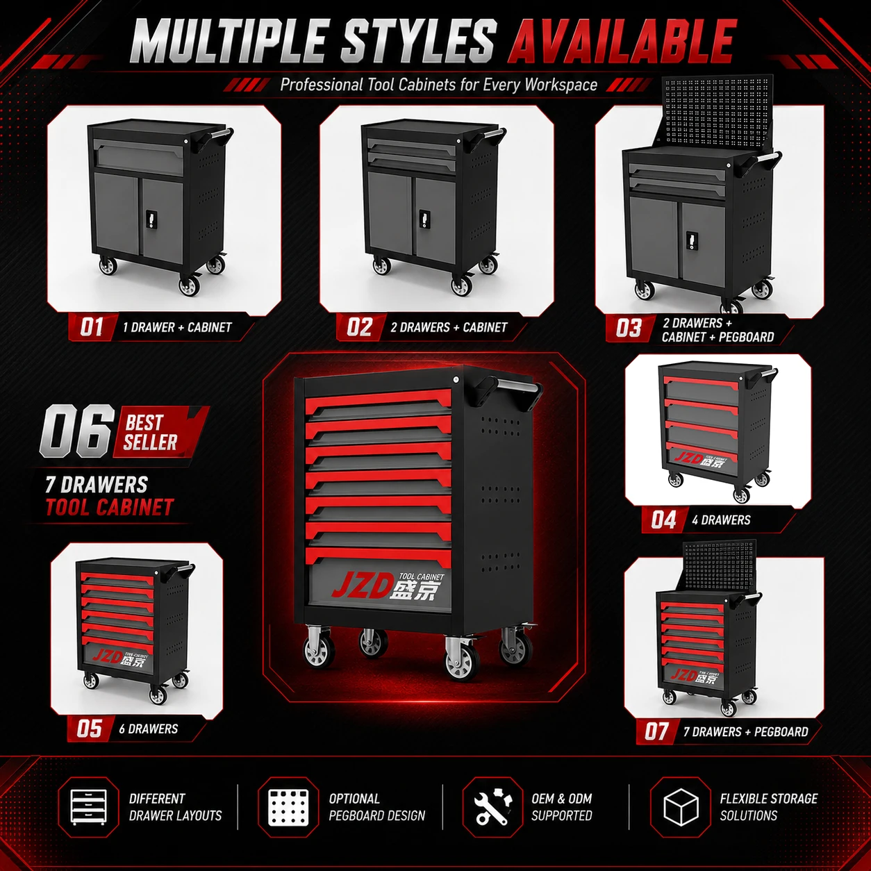 Jiezhida High Quality Garage Workshop Iron 4-Drawer Tool Storage Cabinet Chest Box Rolling Cart Trolley