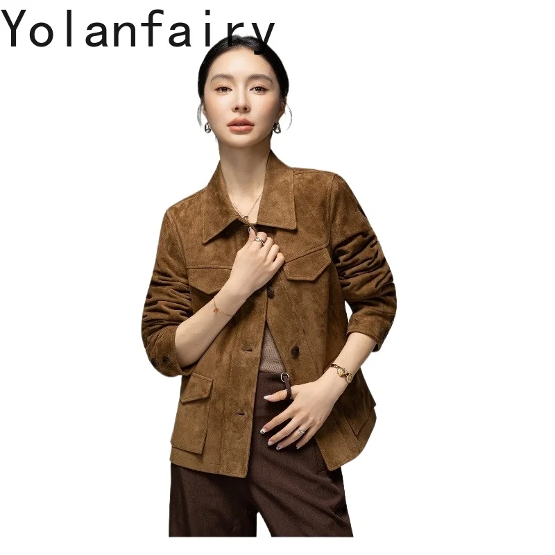 YOLANFAIRY Top Quality Suede Sheepskin Genuine Leather Jacket Women Vintage 2026 Woman Leather Coats Fashion Leather Jackets