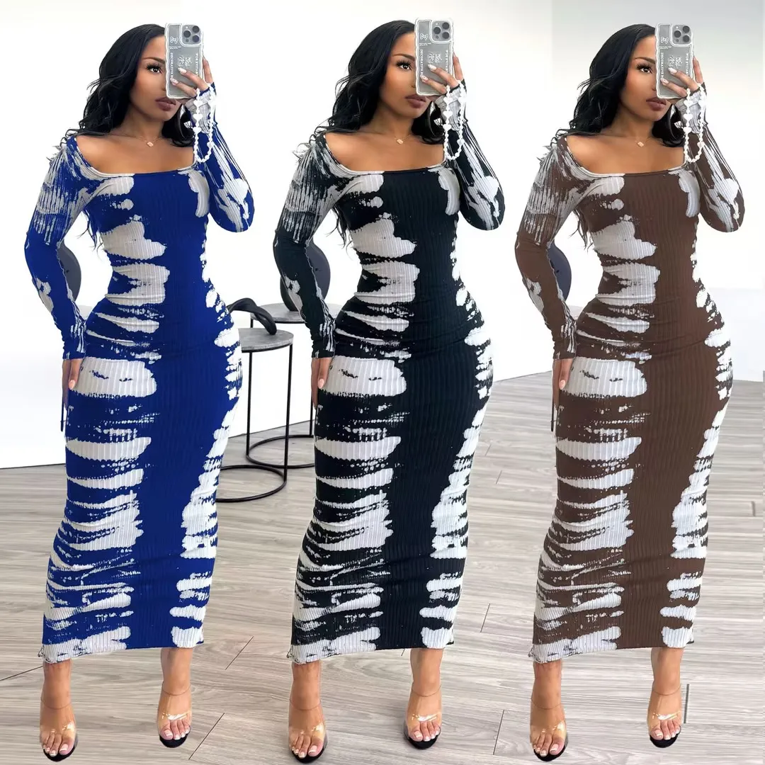 New 2024 Spring O-neck Women Long Sleeve Long Maxi Dress Elastic Print Sexy Party Night Club Birthday Bodycon Street Dresses