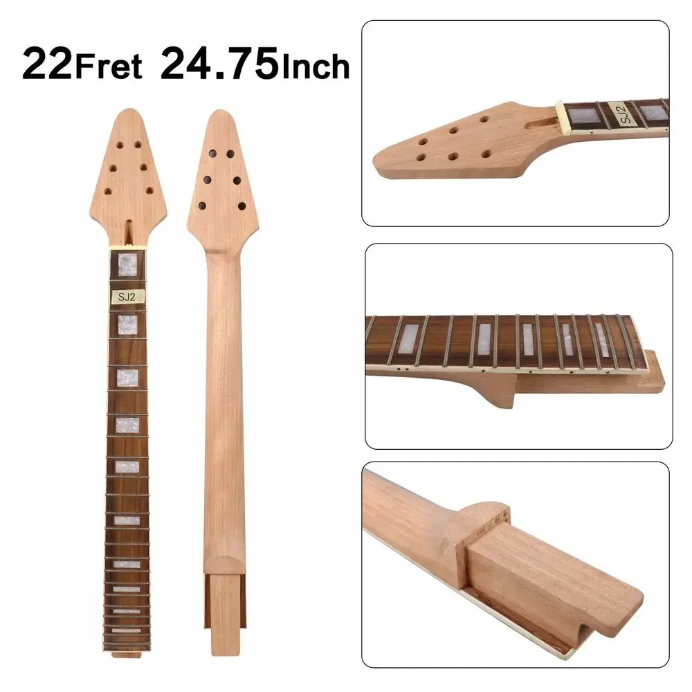 

Yinfente 22 Fret Electric Guitar Neck 24.75 Inch Rosewood Fretboard Flying V Style Set In Style Pearl Block Inlay Unfinished