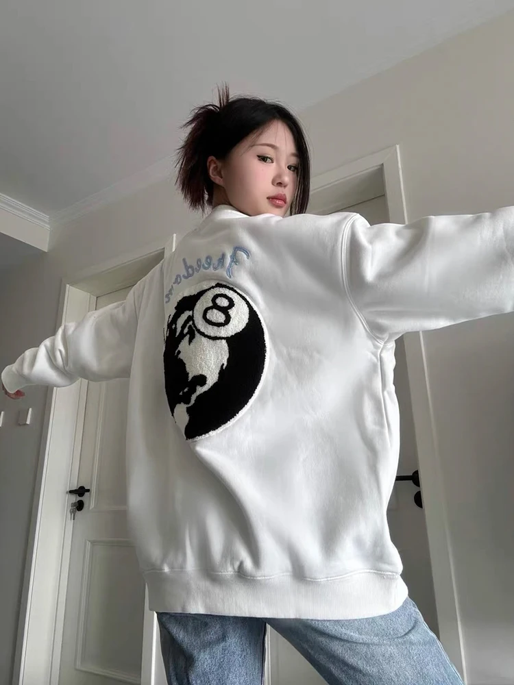 

American Style Heavyweight Pure Cotton Embroidered Letter round Neck Sweatshirt Women's Autumn Winter Fleece Lined Unique Hea...