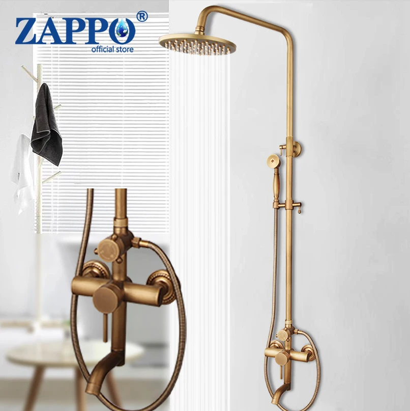 ZAPPO Antique Brass Bathroom Shower Faucets Rainfall Shower Head Swivel Bathtub Mixer Tap Wall Mounted Bathroom Systerm