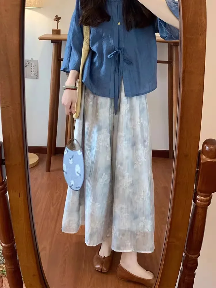 Retro Nuovo Cinese Sle Vestito Estivo Blu Top Pantaloni Bianchi Set a Due Pezzi da Donna Faionable Ensemble Pantaloni Bianchi Fem