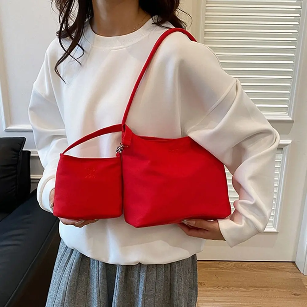 Korean Style Nylon Tote Bag Handbag Large Capacity Embroidery Letter Underarm Bag Pure Color All-match Cloth Shoulder Bag Women