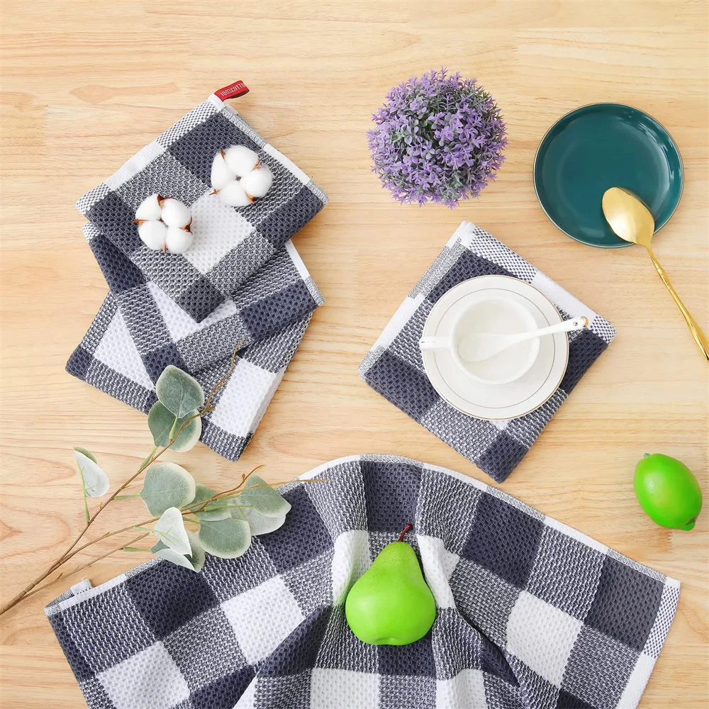 Kitinjoy 100% Cotton Kitchen Towel Waffle Weave Check Dishcloth Absorb Cleaning Towel Super Soft Kitchen Cloths Household Towel