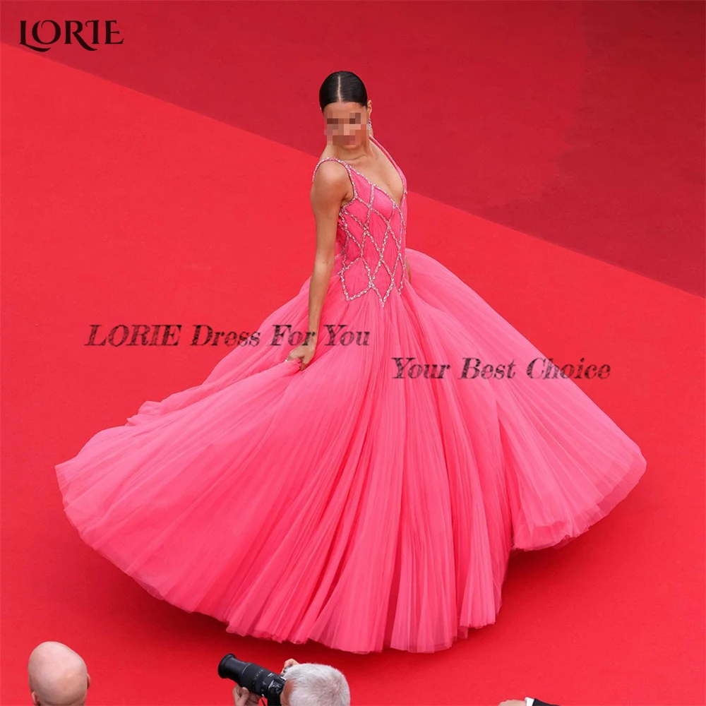 LORIE Glitter Deep V-Neck Prom Dresses Backless Princess A-Line Formal Evening Dress Pleats Celebrity Occasional Party Gowns