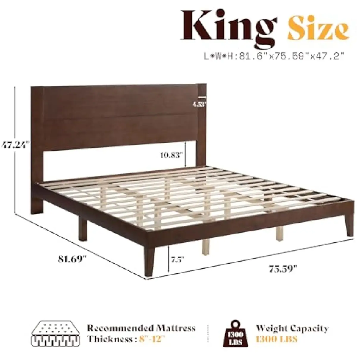 King Size Pine Wood Platform Bed Frame Featuring 48 Inch Headboard Modern Rustic Design Squeak Resistant Slats Reinforced Center