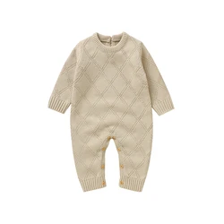 Solid Color Diamond Knitted Acrylic Long Sleeve 1-18 Months Newborn Baby Boys & Girls Spring & Autumn Rompers Jumpsuit Bodysuit