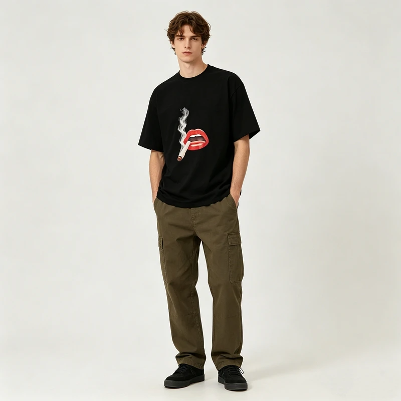 Retro Smoking Red Lips Grafik-T-Shirt, übergroße, lässige T-Shirts, Y2K-Streetwear, lässige Baumwolle, kurzärmelig, Unisex-Kleidung – Detail 3