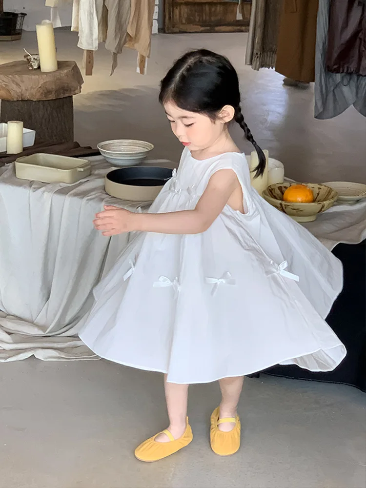 Girl's Bow Dress Korean Style Children's White Lantern Dress Ballet Style Vestibule Dress