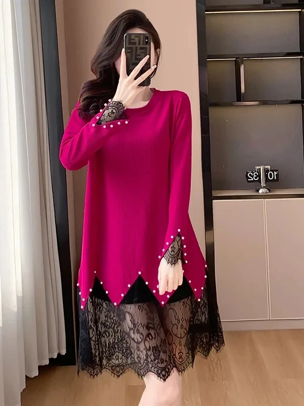 

Вязаное платье больших размеров с длинными рукавами, жемчужным декором, стройнящее, средней длины, А-силуэт, в корейском стиле, повседневное, из полиэфирного волокна