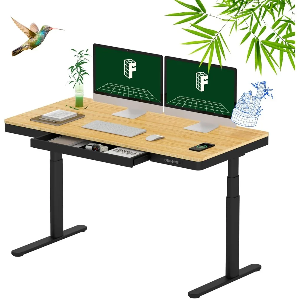 55" Bamboo Standing Desk, Dual Motor 3 Stages Adjustable Height Electric Computer Workstation w/Wireless Charging, Drawer