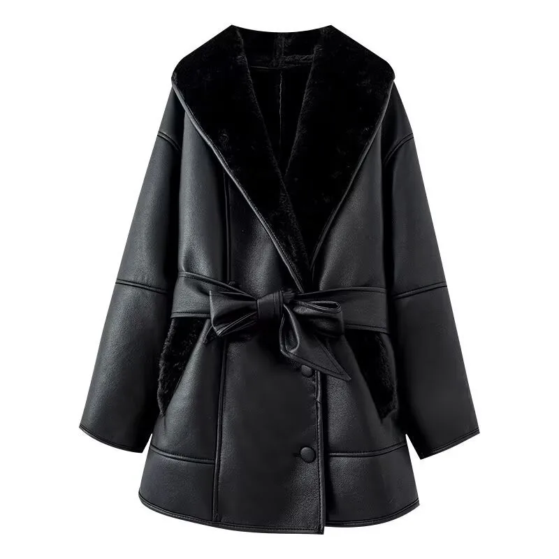 Winter Fake Cashmere PU Jacket For Women V-neck With Belt Spliced Warm Overcoat American Fashion High Street Thicke Coat
