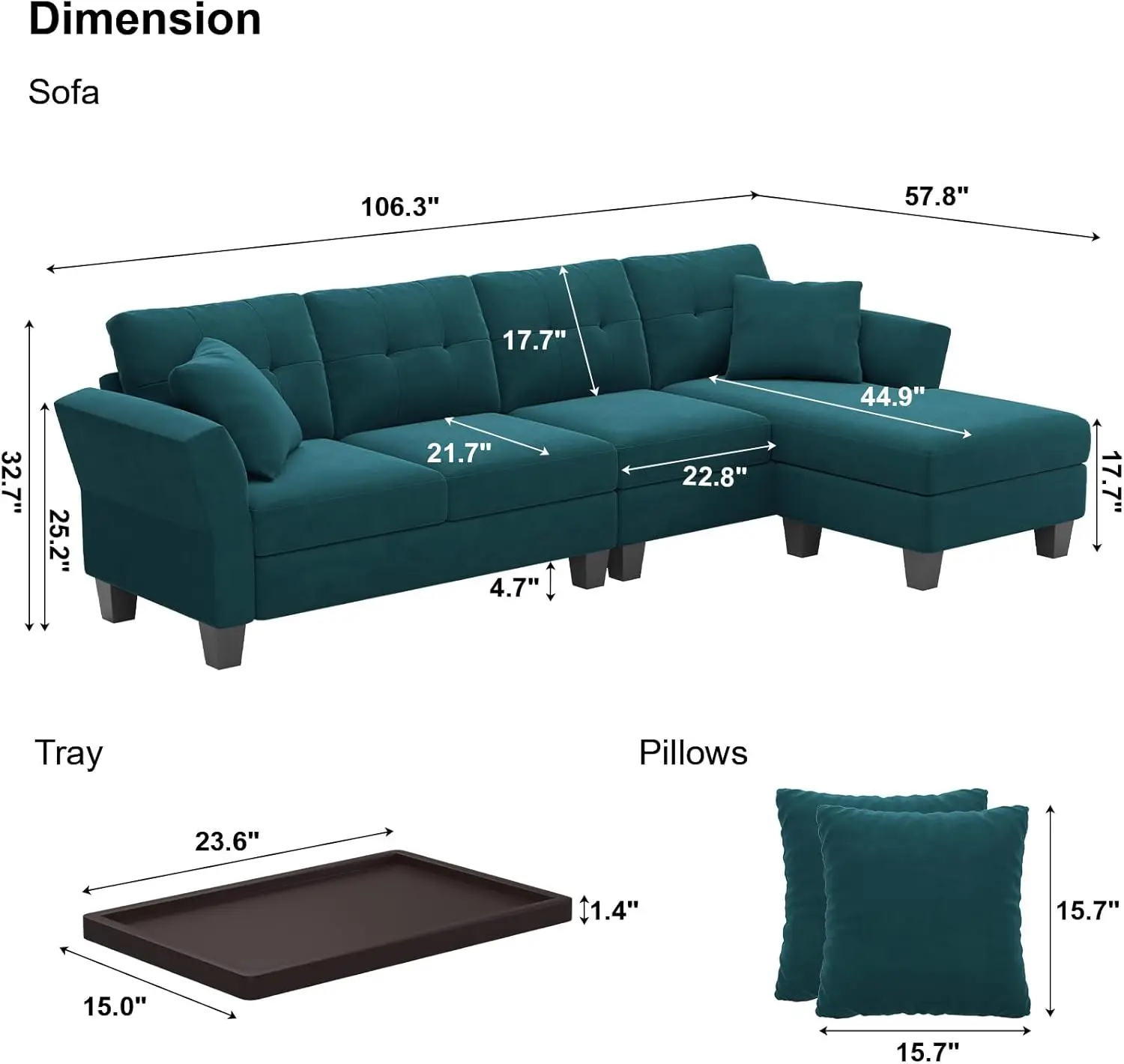 Convertible Sectional Couch Velvet L Shaped Sofa 4 Seat Sofa with Chaise L Shaped Couches Reversible Sectional Sofa Peacock Blue