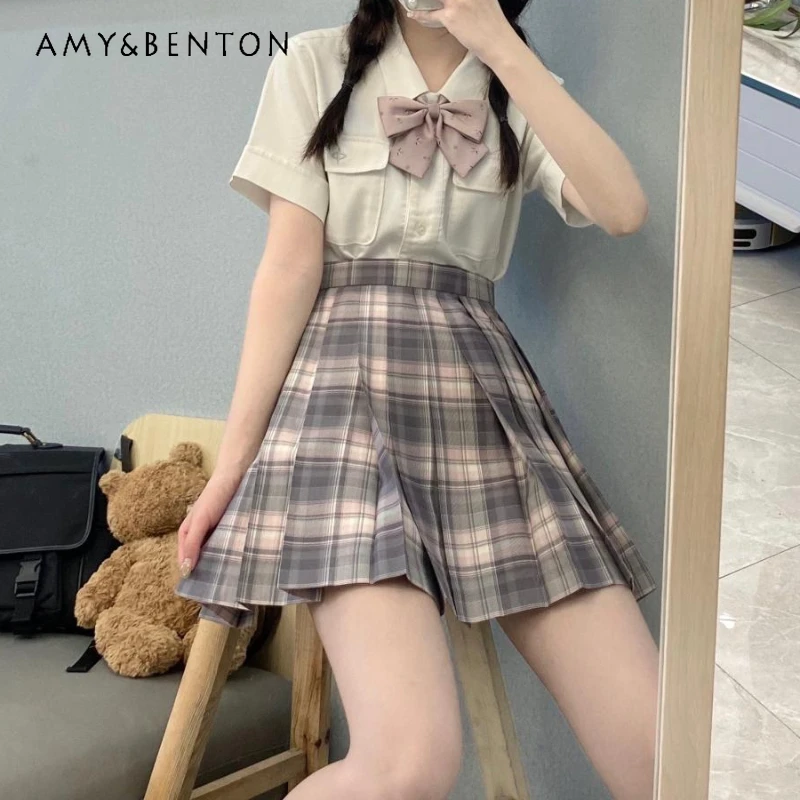 2024 New Japanese Jk Uniform Basic Gray Pink A Line Waist Slim Fashionable and Comfortable Mini Plaid Pleated Skirt For Girls