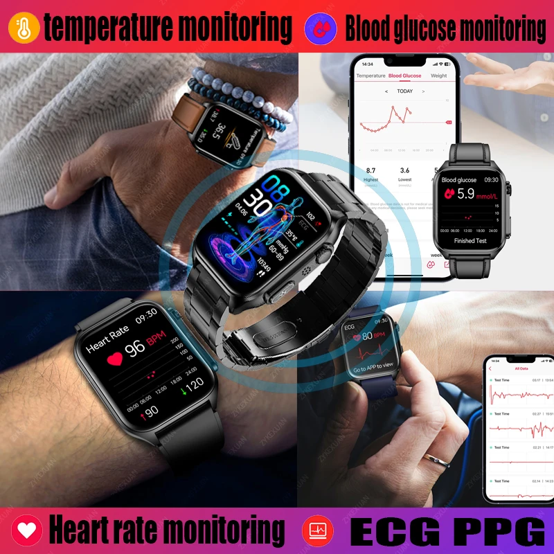 2024 New Blood Glucose Smart Watch Men\'s Bluetooth Call Watches ECG+PPG Blood Pressure Measurement Sport Smartwatch Men Woman