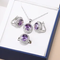 Real Romantic 925 Sterling Silver Cubic Zirconia Crystal Pendant Necklace Earrings Jewelry Set For Women Choker Wedding Ring