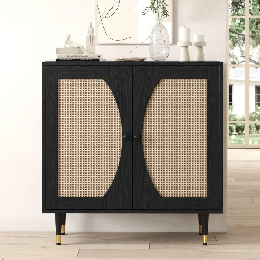 Sideboard Cabinet, Rattan Sideboard with Natural Rattan Doors, Accent Buffet Cabinet with Adjustable Shelves for Living Room