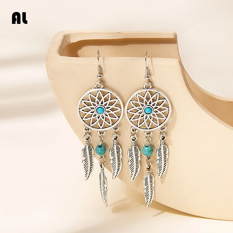 

Fashion Bohemian European and American Blue Turquoise Ethnic Style Imitation Silver-plate Metal Retro Tassel Earrings