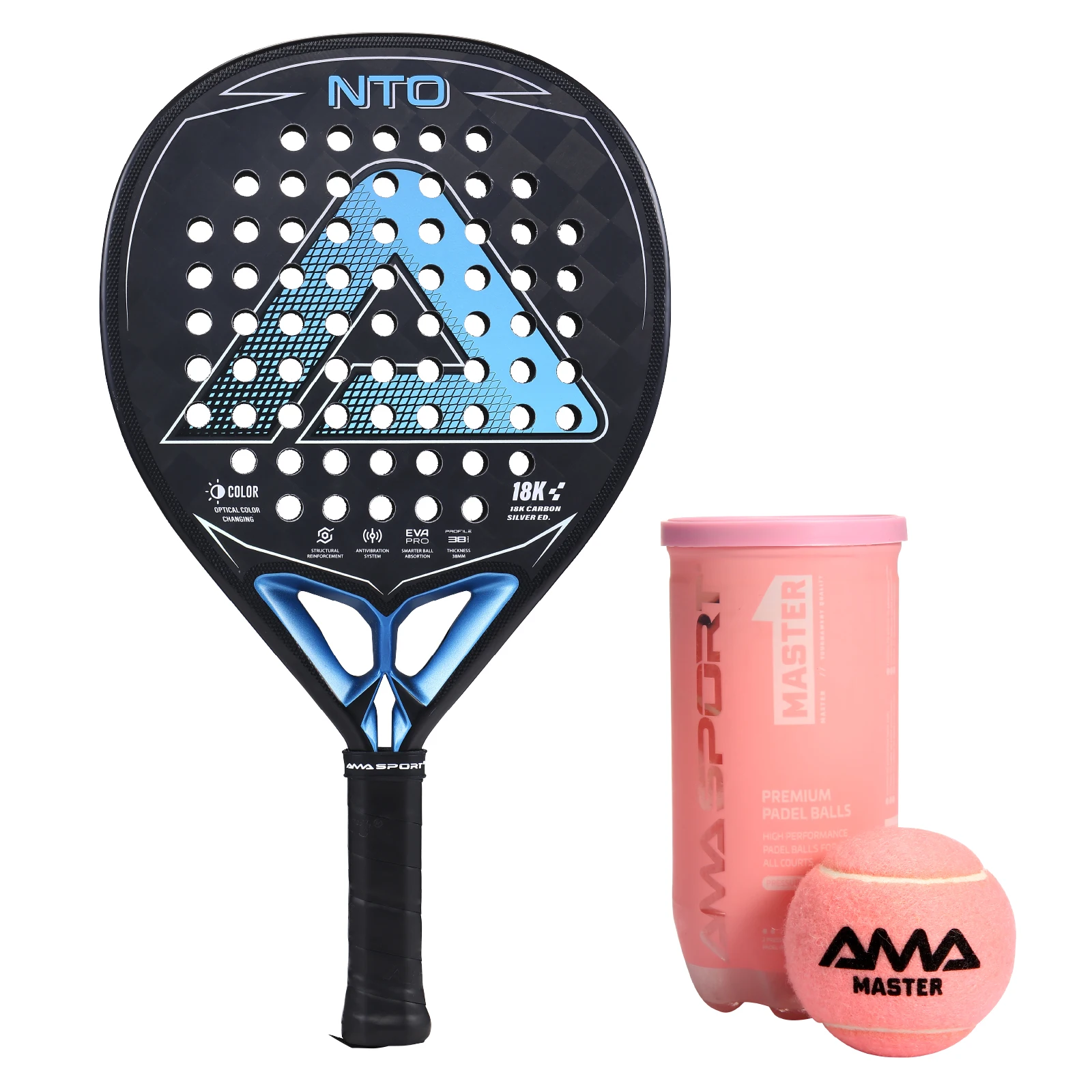 

AMASPORT Padel Racket 18KCarbon Face Diamond Shape Pala Padel Optical color changing,Anti-Vibration System With Balls