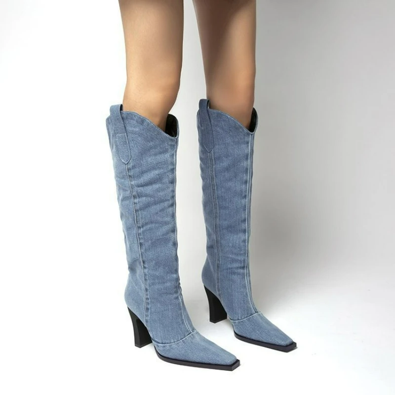 

Women Boots Blue Denim Long Boots Fashion Square Toe Western Cowboy Boots Thick Heel Women Knee Heel Boot Slip-on High Heel Boot