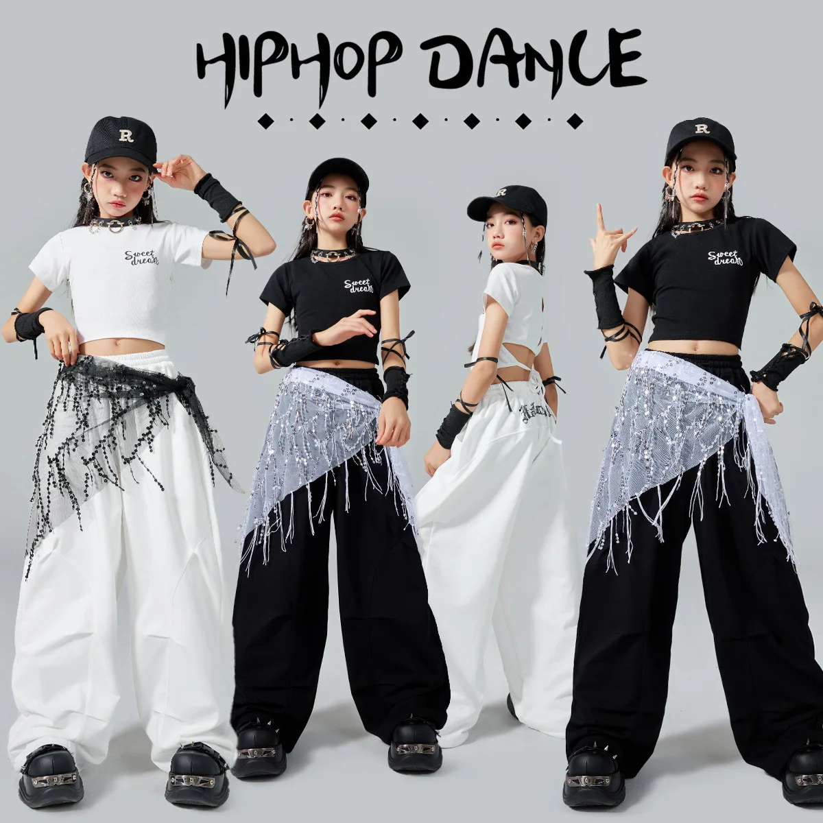 Girls K-pop Fashion Crop Top Tiered Skirts Leather Pants Kids Hip Hop Streetwear Costumes Children Jazz Girl Group Clothes Sets