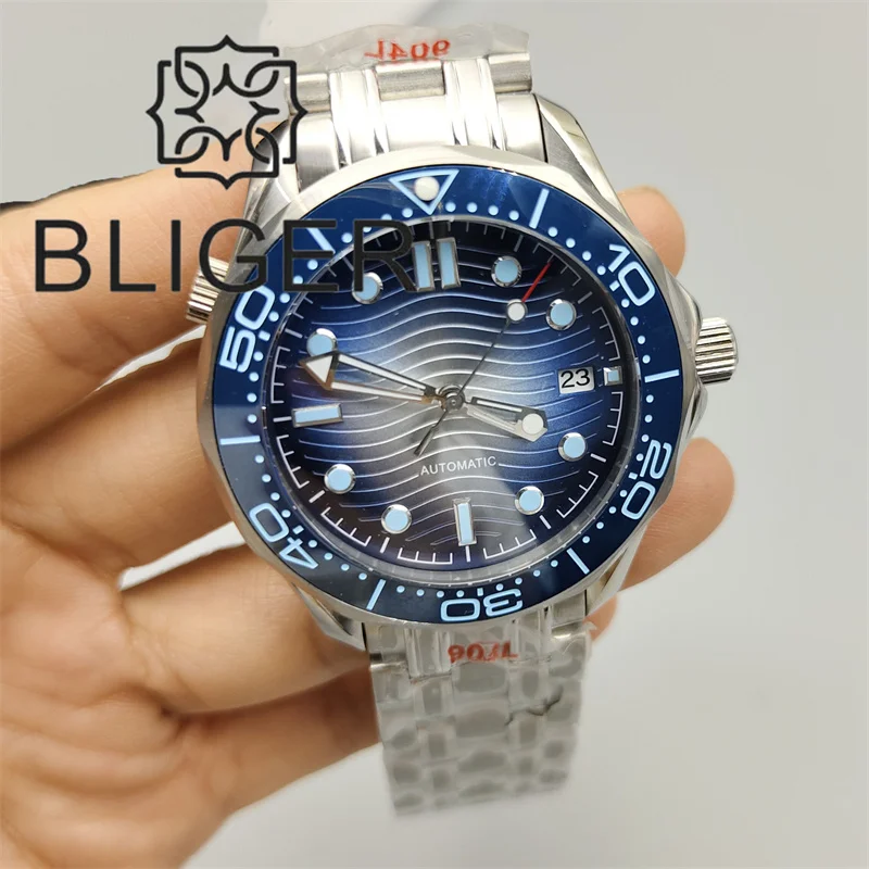 

BLIGER 41mm Mechanical Men Watch Sapphire Glass Date Gradient Ice Blue Ceramic Bezel NH35 Stainless Steel Band Rotating Waterpro