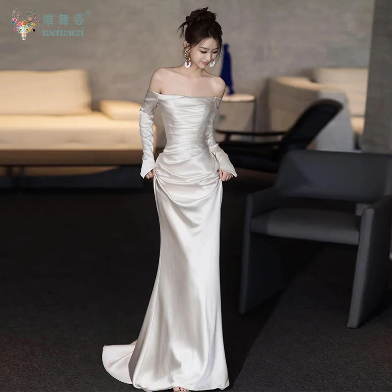 

French Style Minimalist One Neck Off The Shoulder Light Wedding Dress with Satin Long Sleeves for Brides' Wedding Dresses