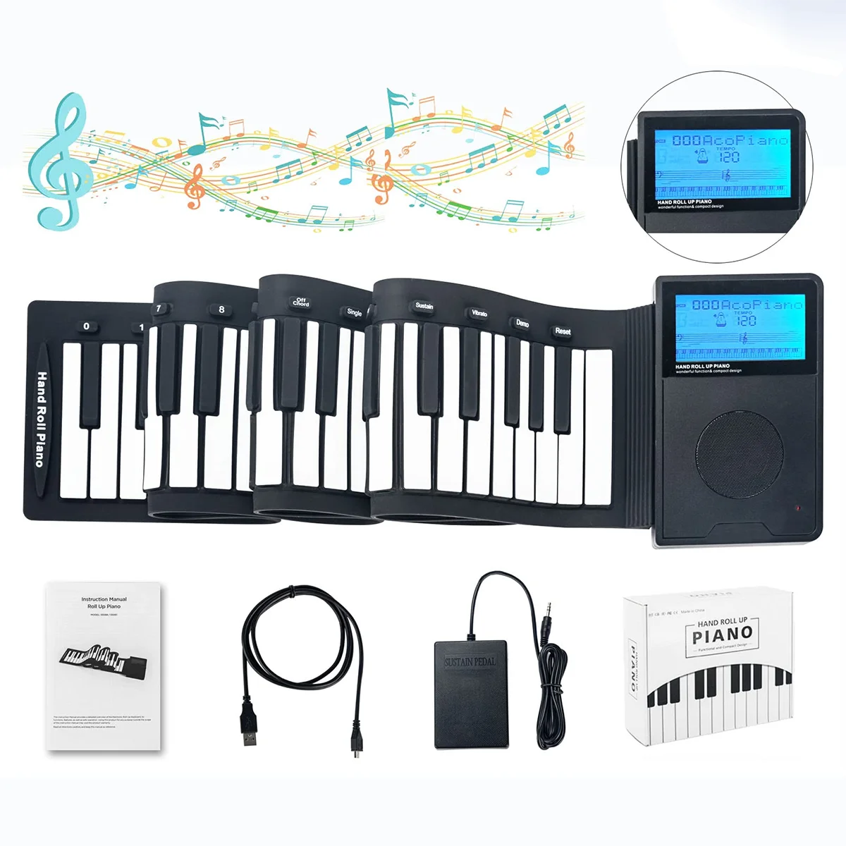 

Portable Roll Up 61 Keys Piano Keyboard with LCD Display,Digital Electric Hand Roll Piano with 2000mAh Rechargeable Battery