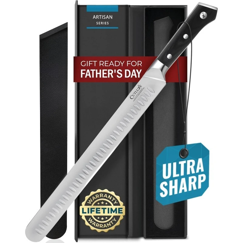 

Slicing Carving Knife – 12" Brisket Knife, Meat Cutting and BBQ Knife – Razor Sharp German Steel, Sheath Included, Full