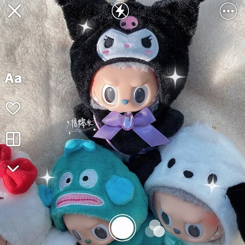 Labubu Cape ชุดกระโปรงนั่งปาร์ตี้ Sanrio Hello Kitty เสื้อผ้ามอนสเตอร์ไวนิล Labubu ชุดเสื้อผ้าหมวกอุปกรณ์เสริมของขวัญของเล่น