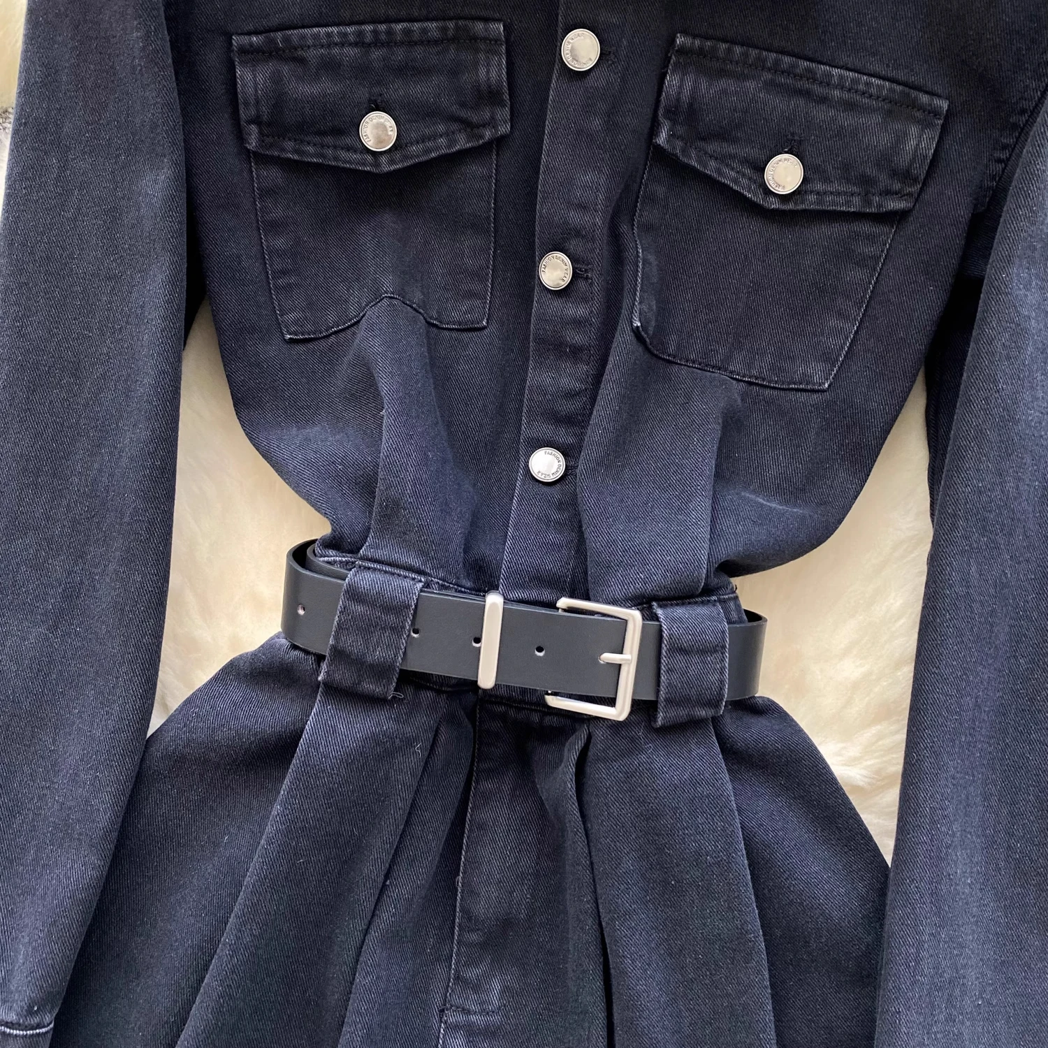 الرجعية المألوف المألوف الدنيم بذلة السراويل الإناث الربيع مع حزام رقيقة عالية الخصر بذلة طويلة الأكمام #4