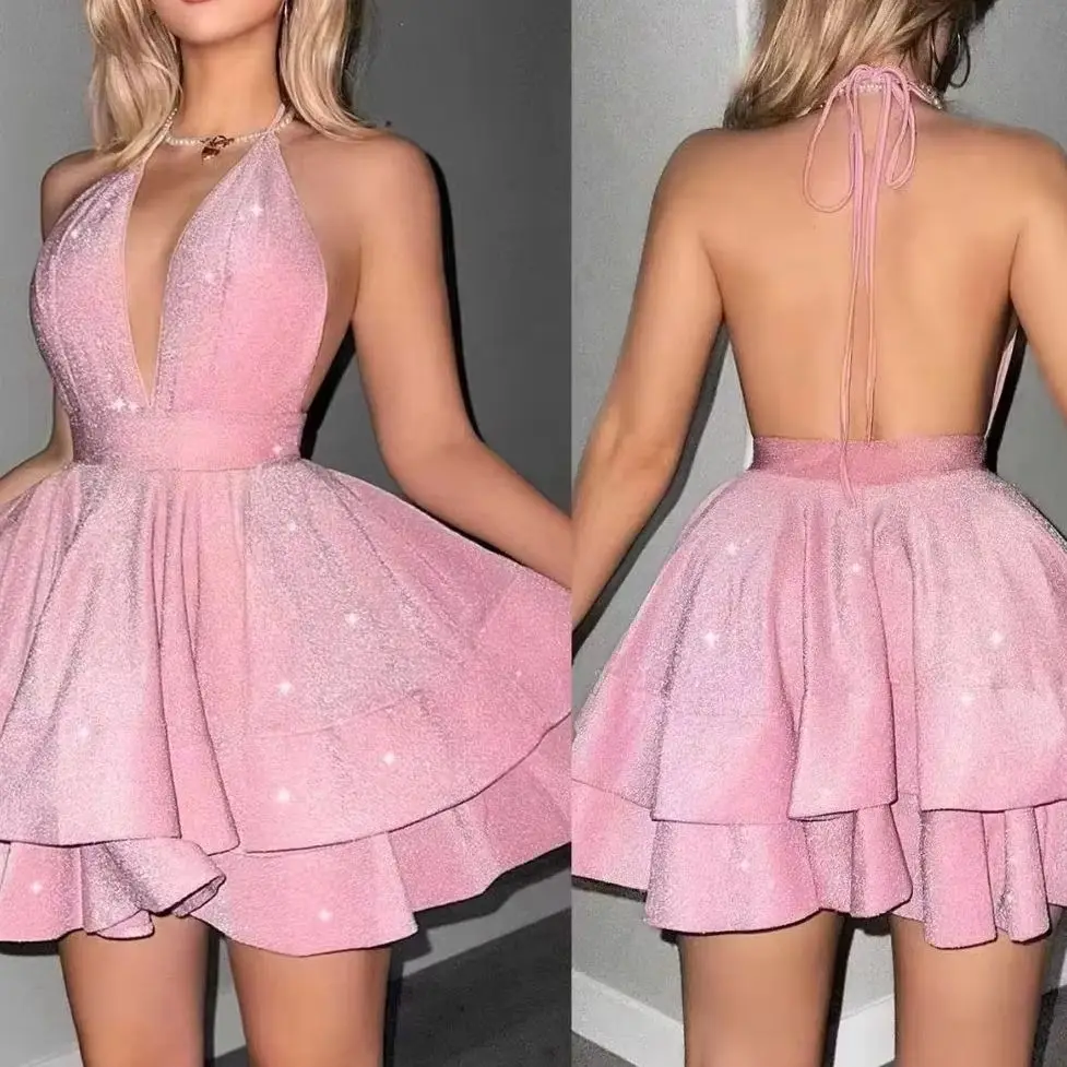 Vestidos de babados feminino brilho com decote em v uma linha vestido fino sem costas vestido curto elegante feminino verão festa à noite vestidos de folha de lótus